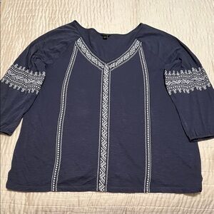Ann Taylor Navy Blouse with White Embroidery